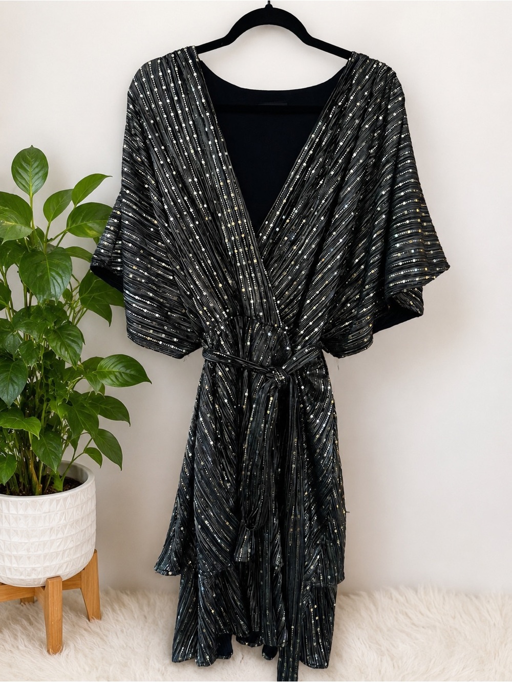 BNWOT - Black Metallic Stripe Wrap Dress